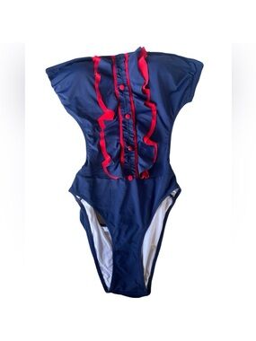 Atlantic Beach One Piece Swimsuit Navy and Red Ruffle Size Medium